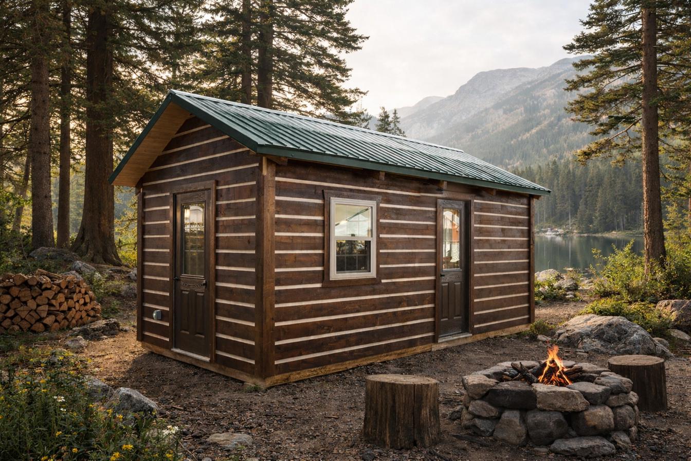 Grand River cabin exterior in forest setting with campfire