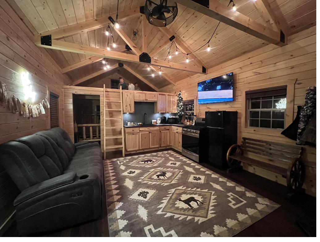 Cabin interior with open plan layout